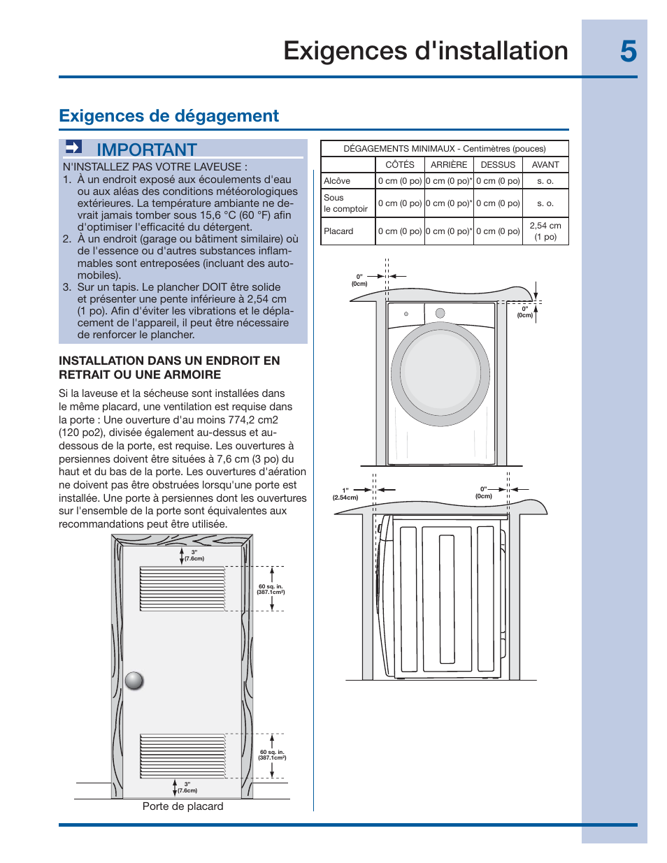 Exigences d'installation, Exigences de dégagement, Important | Electrolux EIFLS60JIW User Manual | Page 23 / 56