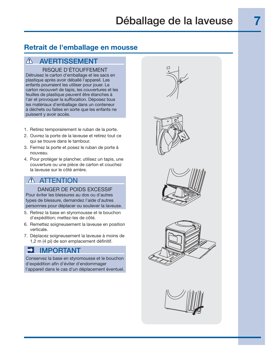 Déballage de la laveuse, Retrait de l'emballage en mousse, Important | Attention, Avertissement | Electrolux EIFLS60JIW User Manual | Page 25 / 56