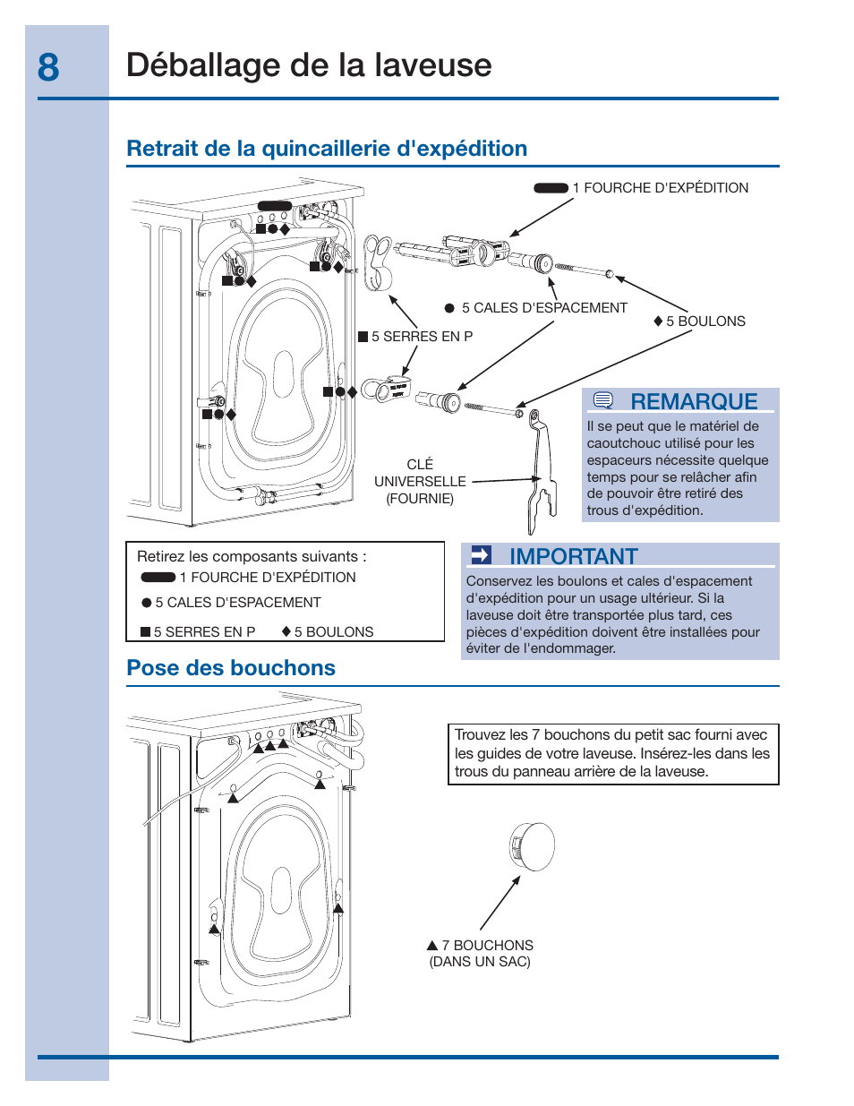 Déballage de la laveuse, Important | Electrolux EIFLS60JIW User Manual | Page 26 / 56