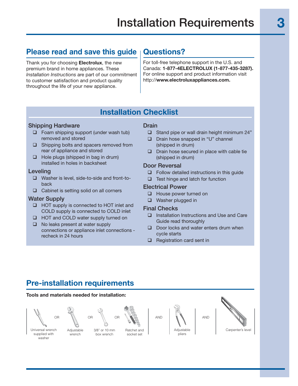 Installation requirements, Pre-installation requirements, Please read and save this guide | Questions, Installation checklist | Electrolux EIFLS60JIW User Manual | Page 3 / 56