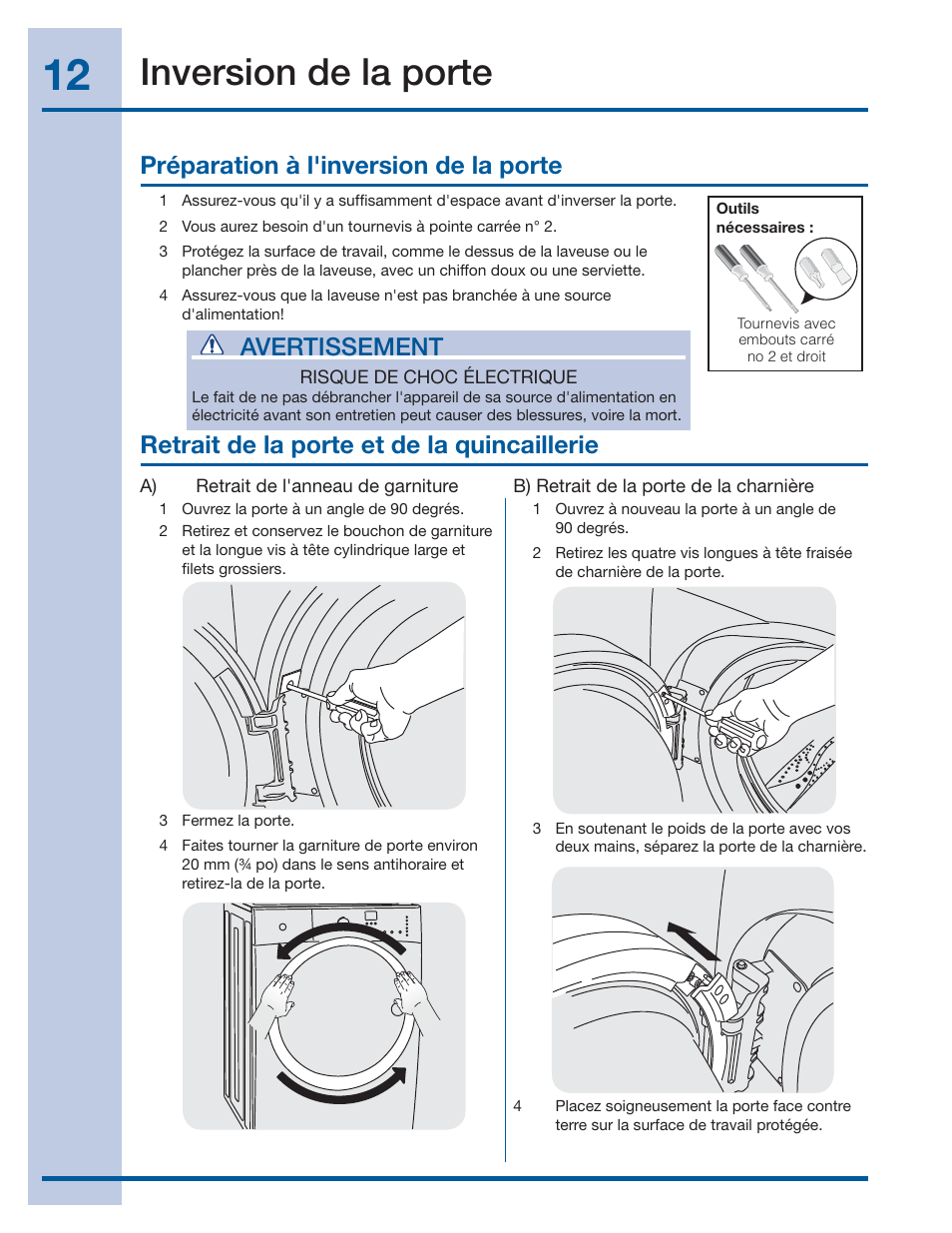 Inversion de la porte, Avertissement, Retrait de la porte et de la quincaillerie | Préparation à l'inversion de la porte | Electrolux EIFLS60JIW User Manual | Page 30 / 56