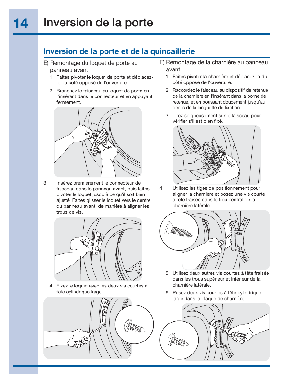 Inversion de la porte, Inversion de la porte et de la quincaillerie | Electrolux EIFLS60JIW User Manual | Page 32 / 56