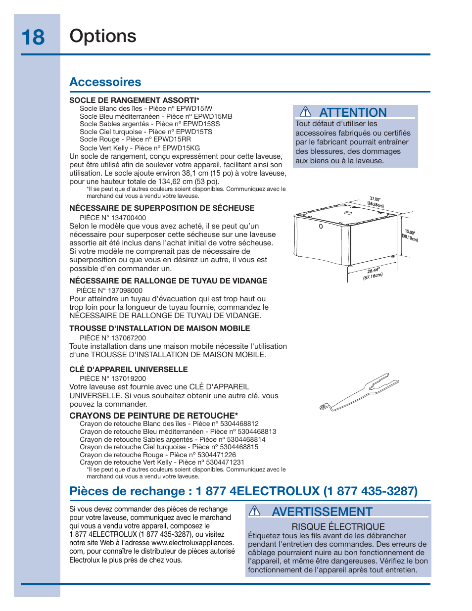 Options, Avertissement, Attention | Electrolux EIFLS60JIW User Manual | Page 36 / 56