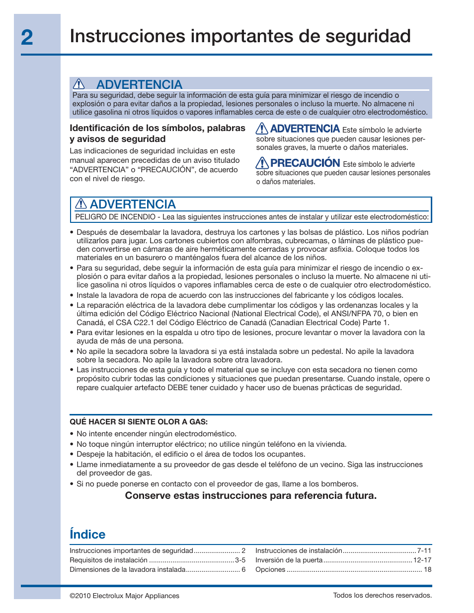 Instrucciones importantes de seguridad, Índice advertencia, Advertencia | Electrolux EIFLS60JIW User Manual | Page 38 / 56