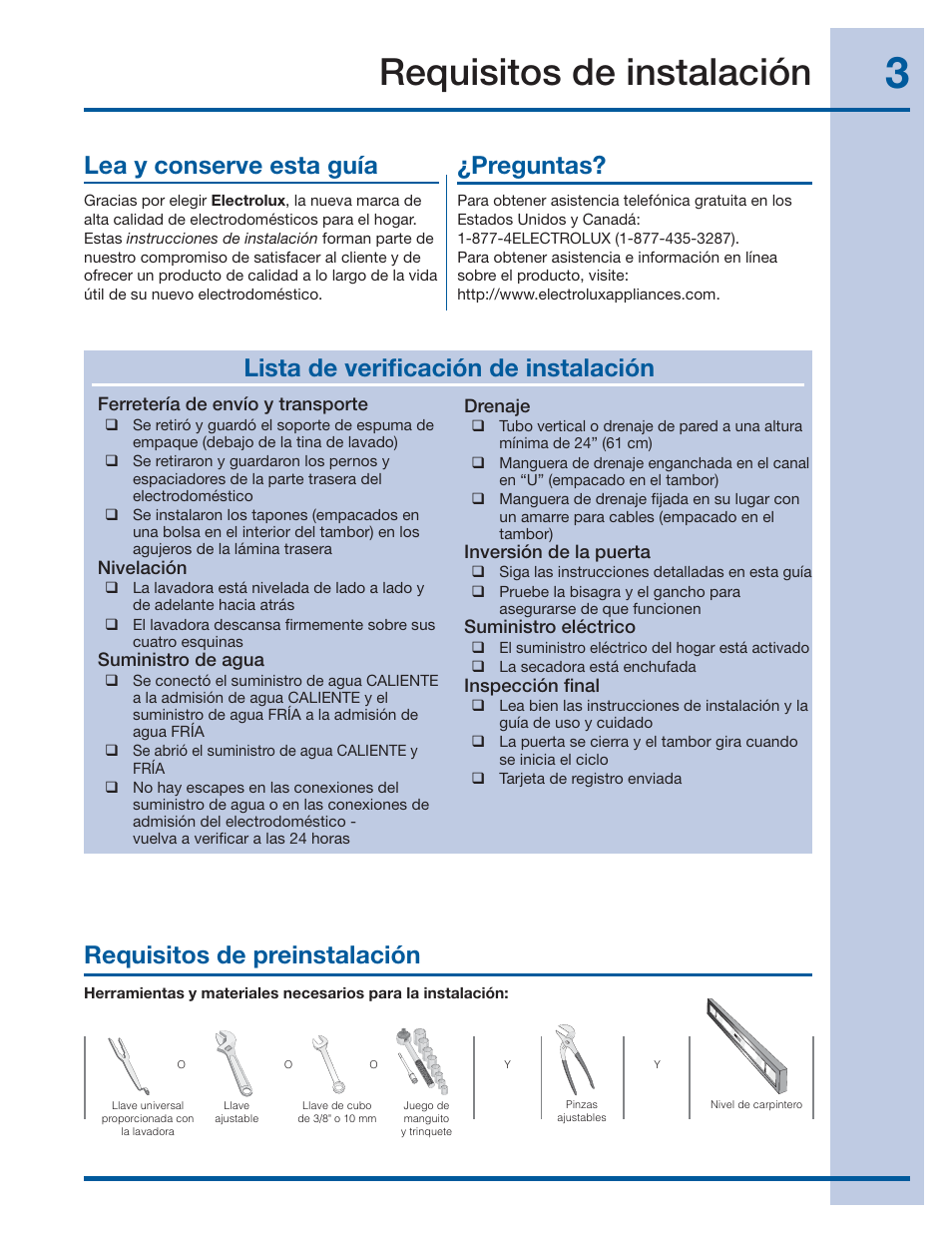 Requisitos de instalación, Requisitos de preinstalación, Lea y conserve esta guía | Preguntas, Lista de verifi cación de instalación | Electrolux EIFLS60JIW User Manual | Page 39 / 56