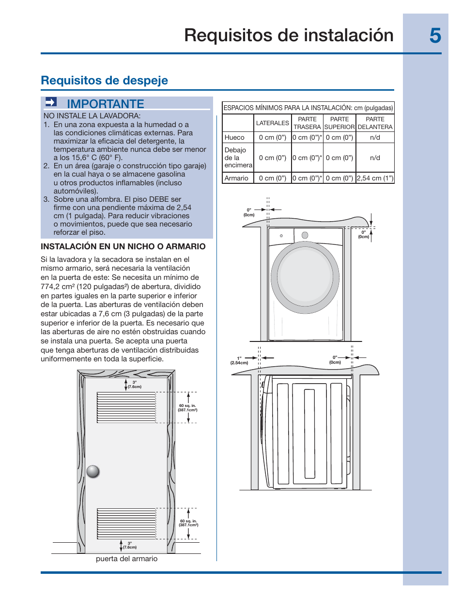 Requisitos de instalación, Requisitos de despeje, Importante | Electrolux EIFLS60JIW User Manual | Page 41 / 56