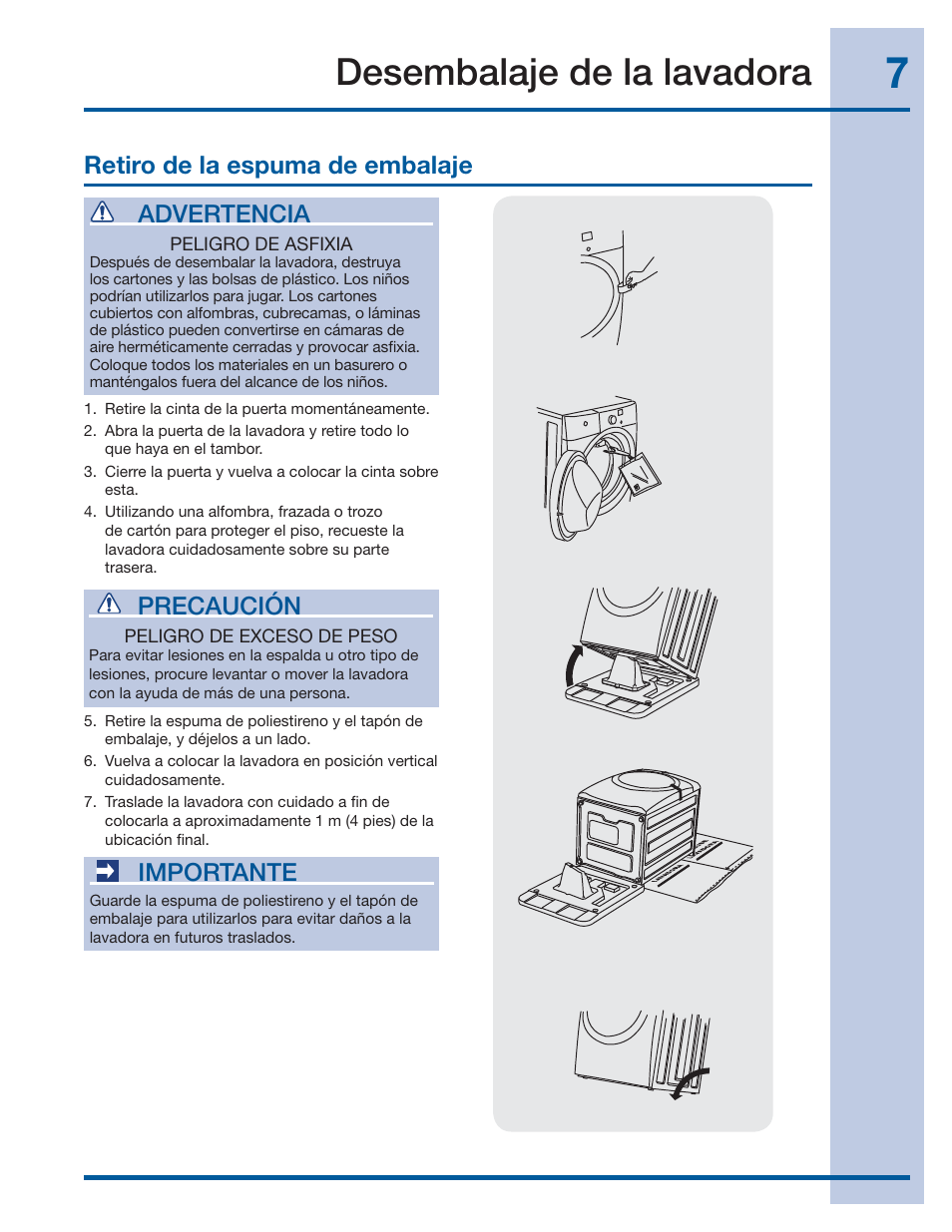 Desembalaje de la lavadora, Retiro de la espuma de embalaje, Importante | Precaución, Advertencia | Electrolux EIFLS60JIW User Manual | Page 43 / 56