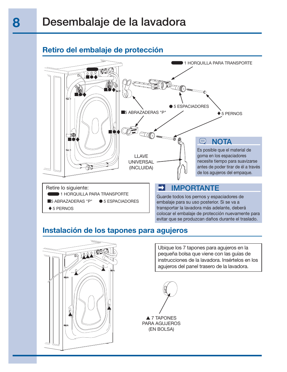 Desembalaje de la lavadora, Importante | Electrolux EIFLS60JIW User Manual | Page 44 / 56