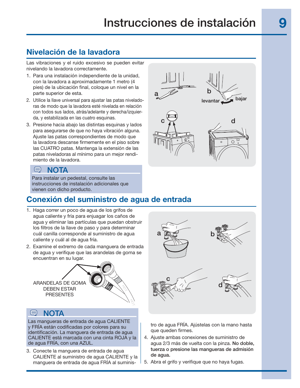 Instrucciones de instalación, Nivelación de la lavadora, Nota | Conexión del suministro de agua de entrada | Electrolux EIFLS60JIW User Manual | Page 45 / 56