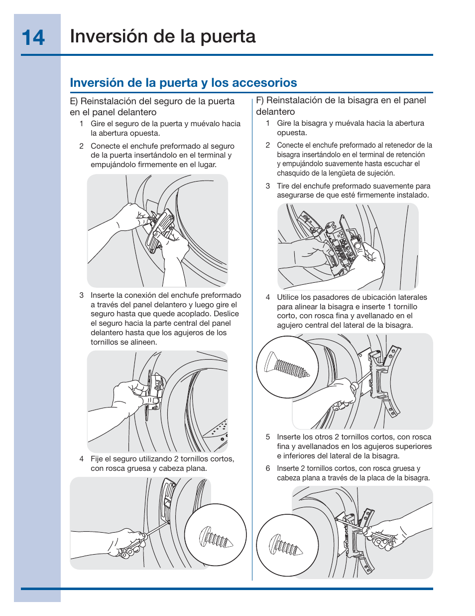 Inversión de la puerta, Inversión de la puerta y los accesorios | Electrolux EIFLS60JIW User Manual | Page 50 / 56