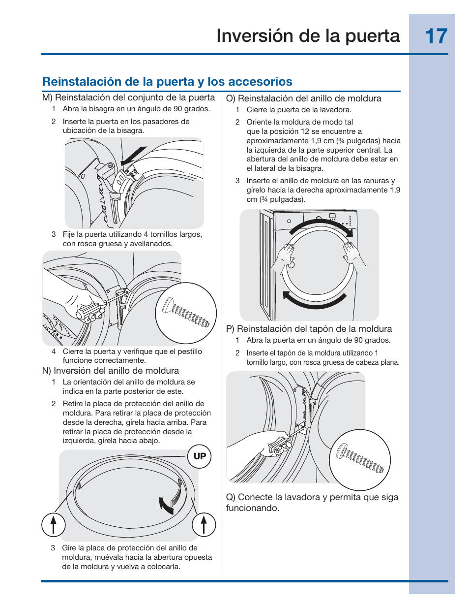 Inversión de la puerta, Reinstalación de la puerta y los accesorios | Electrolux EIFLS60JIW User Manual | Page 53 / 56