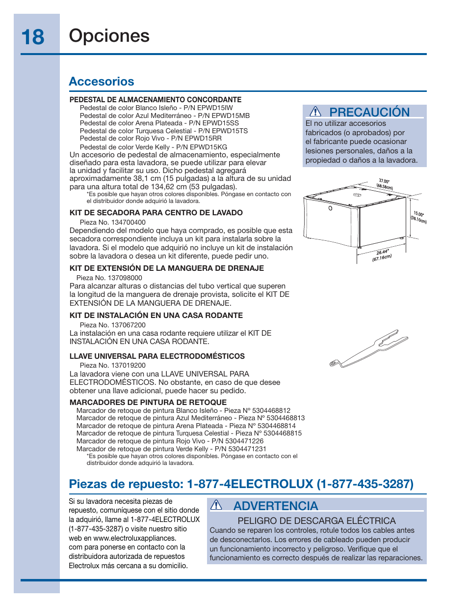 Opciones, Advertencia, Precaución | Electrolux EIFLS60JIW User Manual | Page 54 / 56