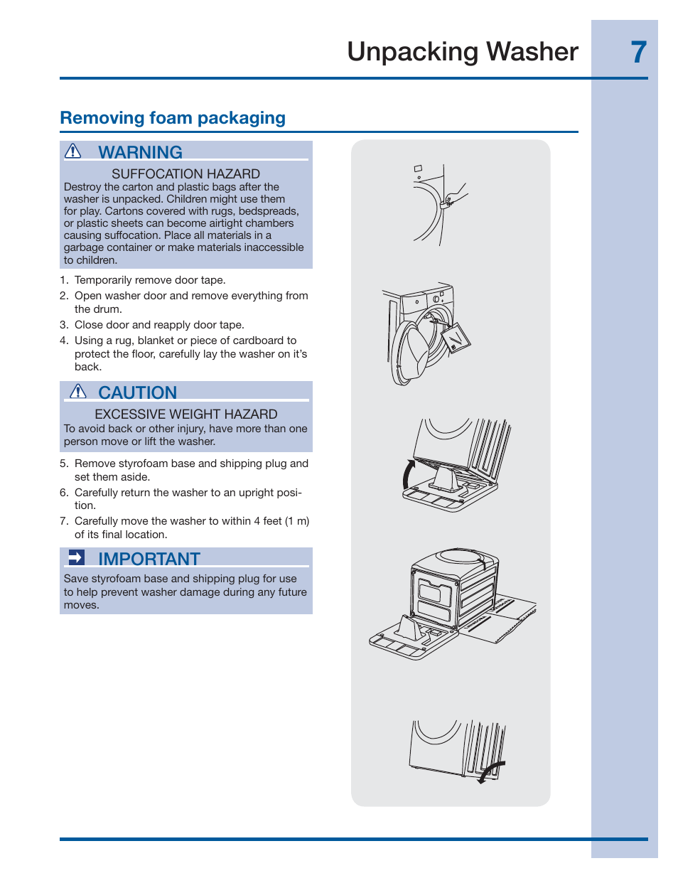 Unpacking washer, Removing foam packaging, Important | Caution, Warning | Electrolux EIFLS60JIW User Manual | Page 7 / 56