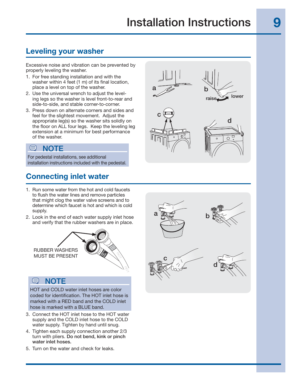 Installation instructions, Leveling your washer, Connecting inlet water | Electrolux EIFLS60JIW User Manual | Page 9 / 56