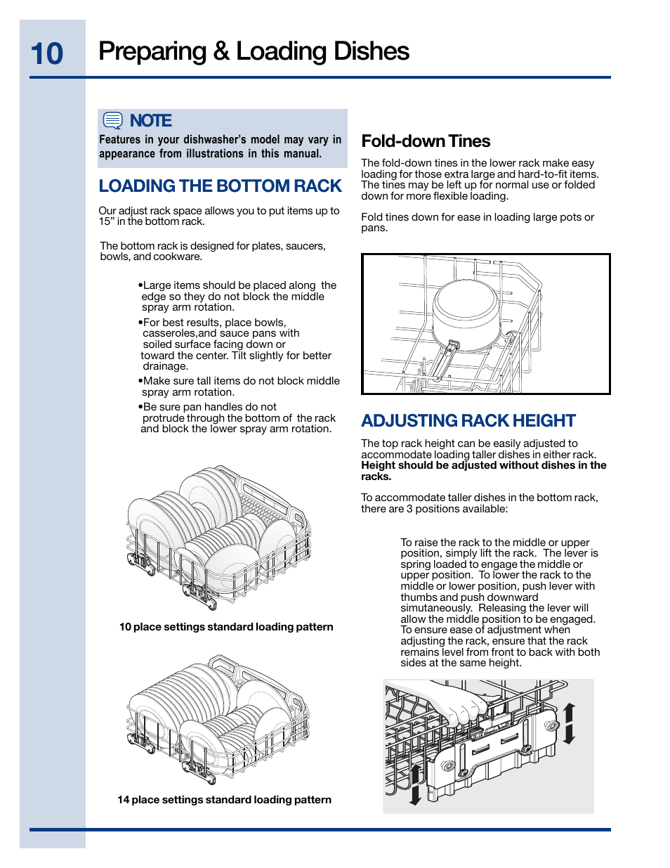 Preparing & loading dishes, Loading the bottom rack, Fold-down tines | Adjusting rack height | Electrolux EWDW6505GS User Manual | Page 10 / 72