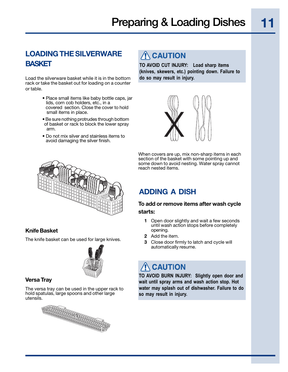 Preparing & loading dishes, Loading the silverware basket, Adding a dish | Electrolux EWDW6505GS User Manual | Page 11 / 72