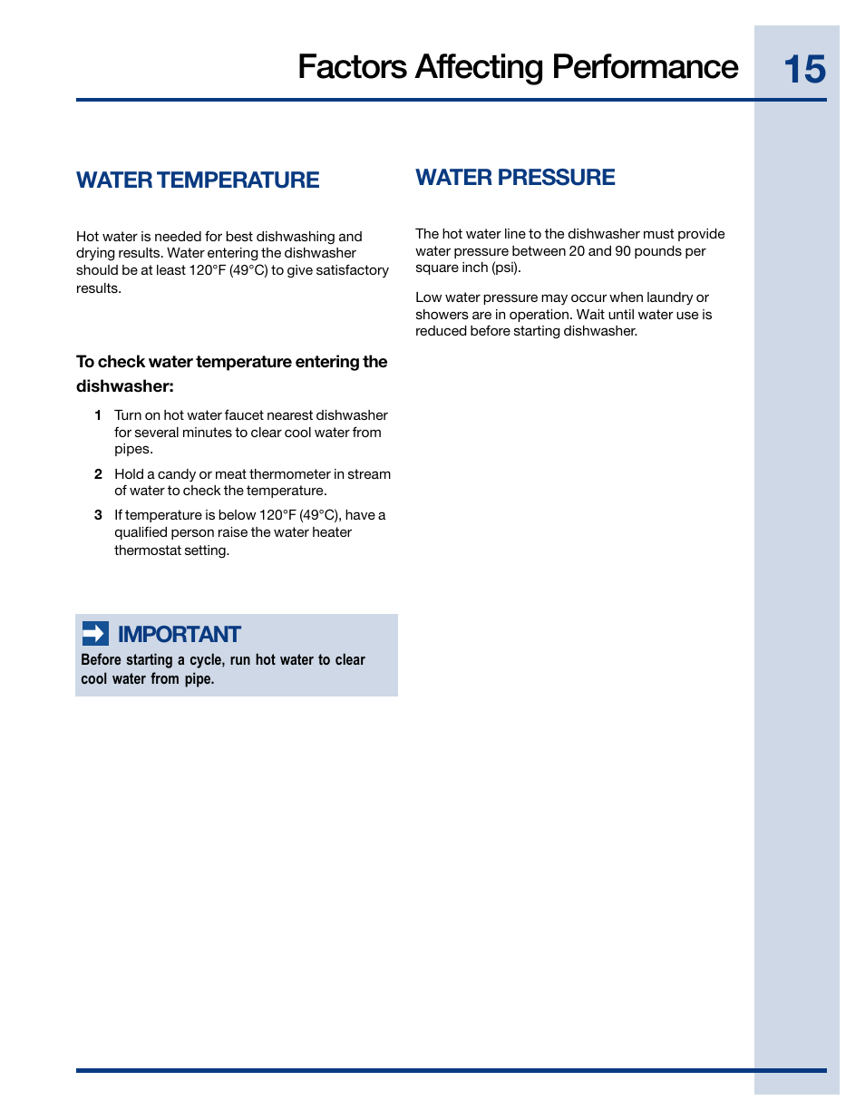 Factors affecting performance, Water pressure, Water temperature | Important | Electrolux EWDW6505GS User Manual | Page 15 / 72