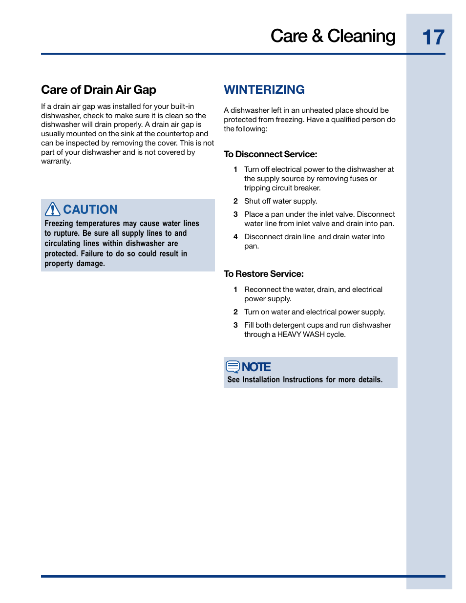 Care & cleaning, Care of drain air gap, Winterizing | Electrolux EWDW6505GS User Manual | Page 17 / 72
