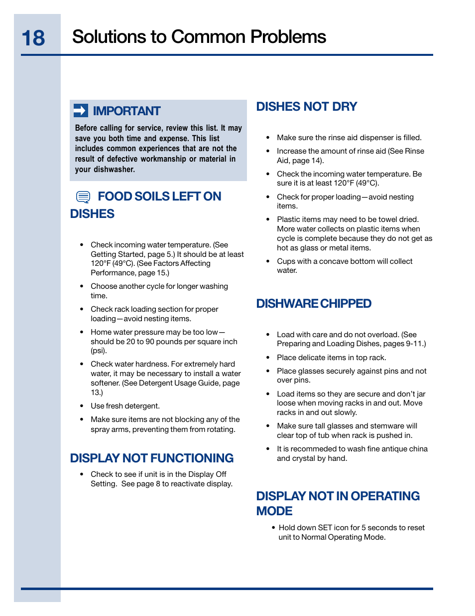 Solutions to common problems, Important, Food soils left on dishes | Dishes not dry, Dishware chipped, Display not functioning, Display not in operating mode | Electrolux EWDW6505GS User Manual | Page 18 / 72