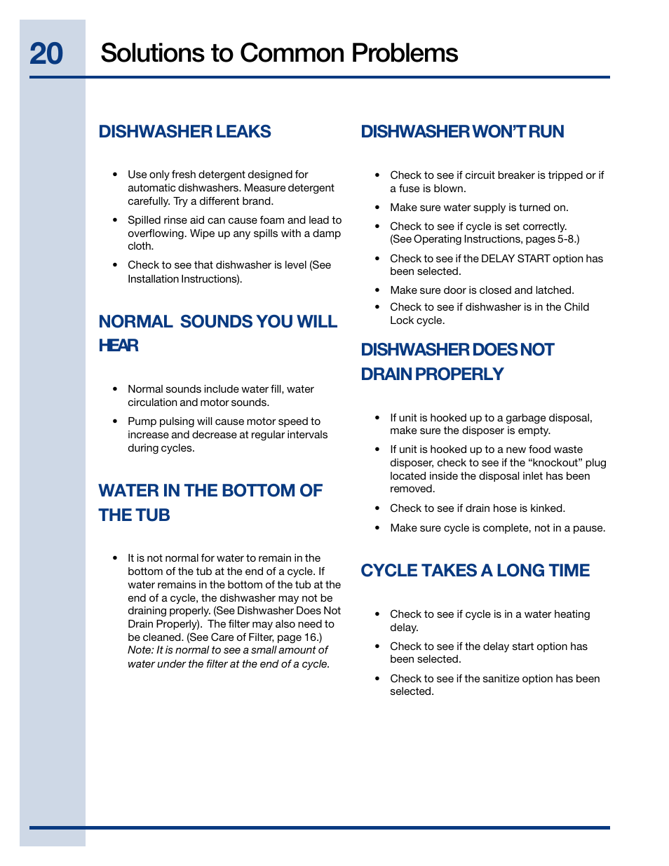 Solutions to common problems, Dishwasher leaks, Normal sounds you will hear | Water in the bottom of the tub, Dishwasher won’t run, Dishwasher does not drain properly, Cycle takes a long time | Electrolux EWDW6505GS User Manual | Page 20 / 72