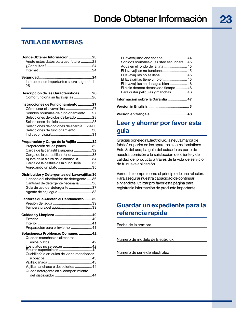 Donde obtener información, Tabla de materias | Electrolux EWDW6505GS User Manual | Page 23 / 72