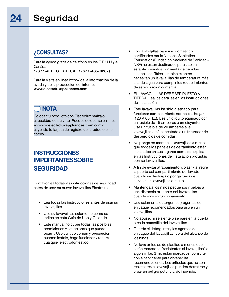 Seguridad, Nota, Consultas | Instrucciones importantes sobre seguridad | Electrolux EWDW6505GS User Manual | Page 24 / 72