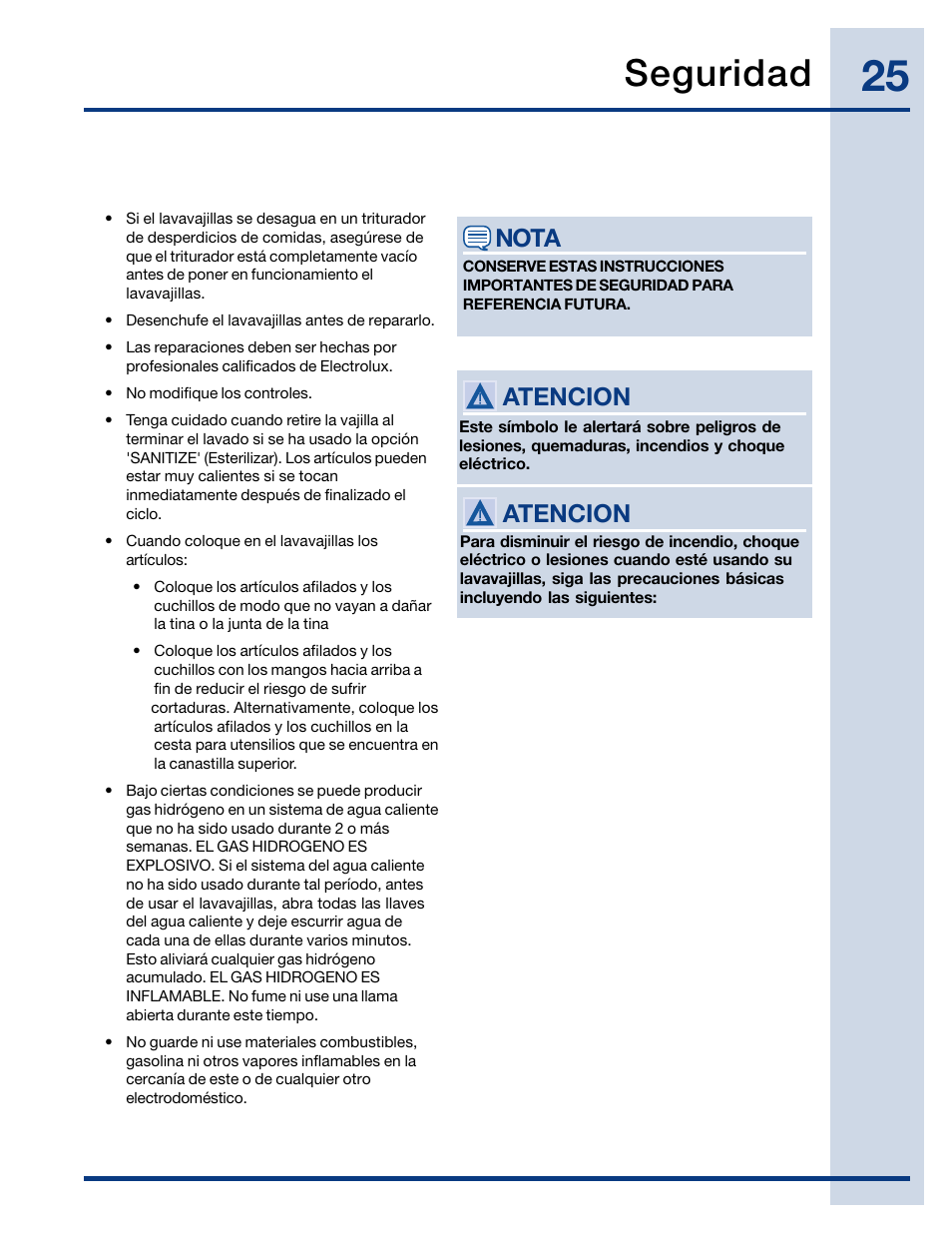 Seguridad, Nota, Atencion | Electrolux EWDW6505GS User Manual | Page 25 / 72