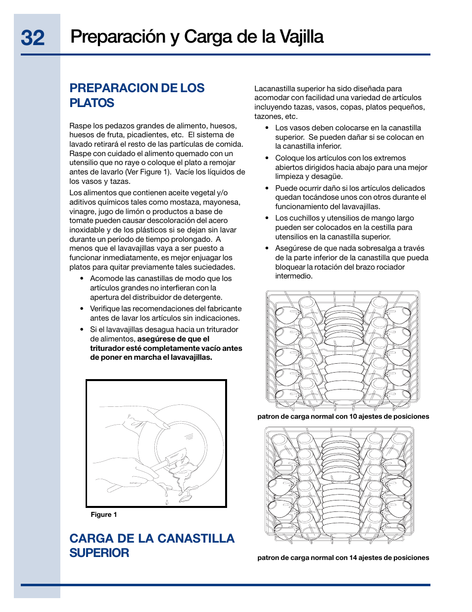 Preparación y carga de la vajilla, Preparacion de los platos, Carga de la canastilla superior | Electrolux EWDW6505GS User Manual | Page 32 / 72