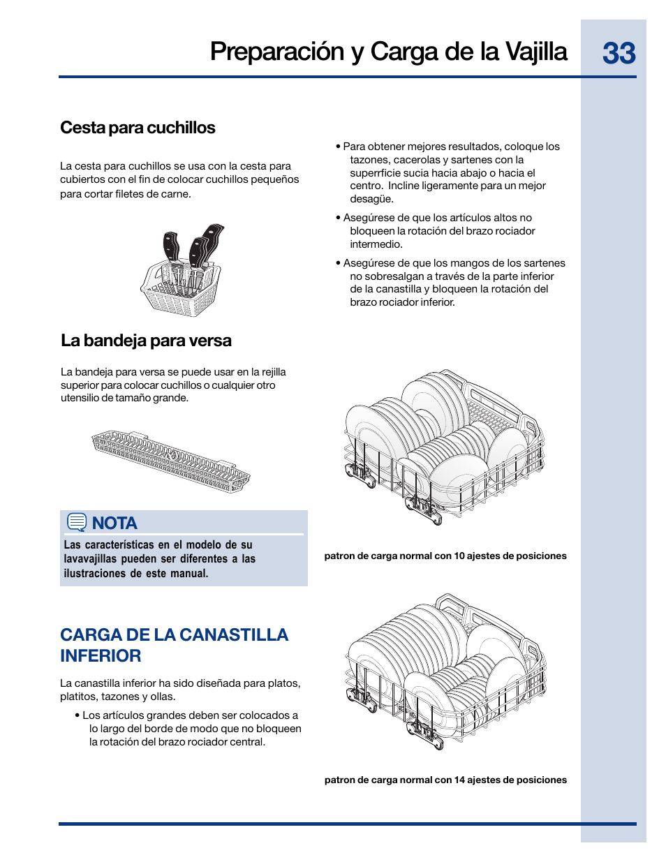 Preparación y carga de la vajilla, Cesta para cuchillos, La bandeja para versa | Nota carga de la canastilla inferior | Electrolux EWDW6505GS User Manual | Page 33 / 72