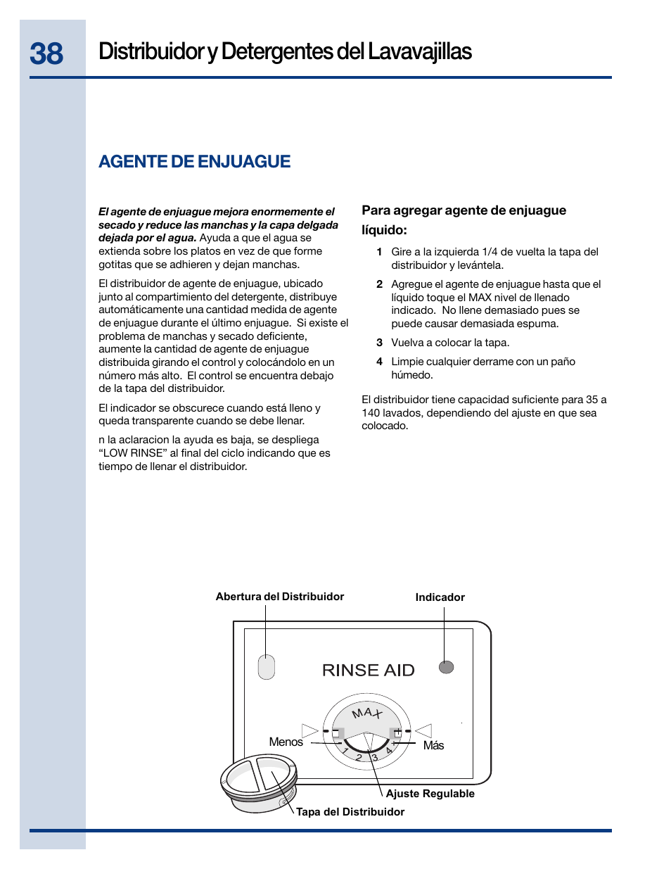 Distribuidor y detergentes del lavavajillas, Agente de enjuague | Electrolux EWDW6505GS User Manual | Page 38 / 72