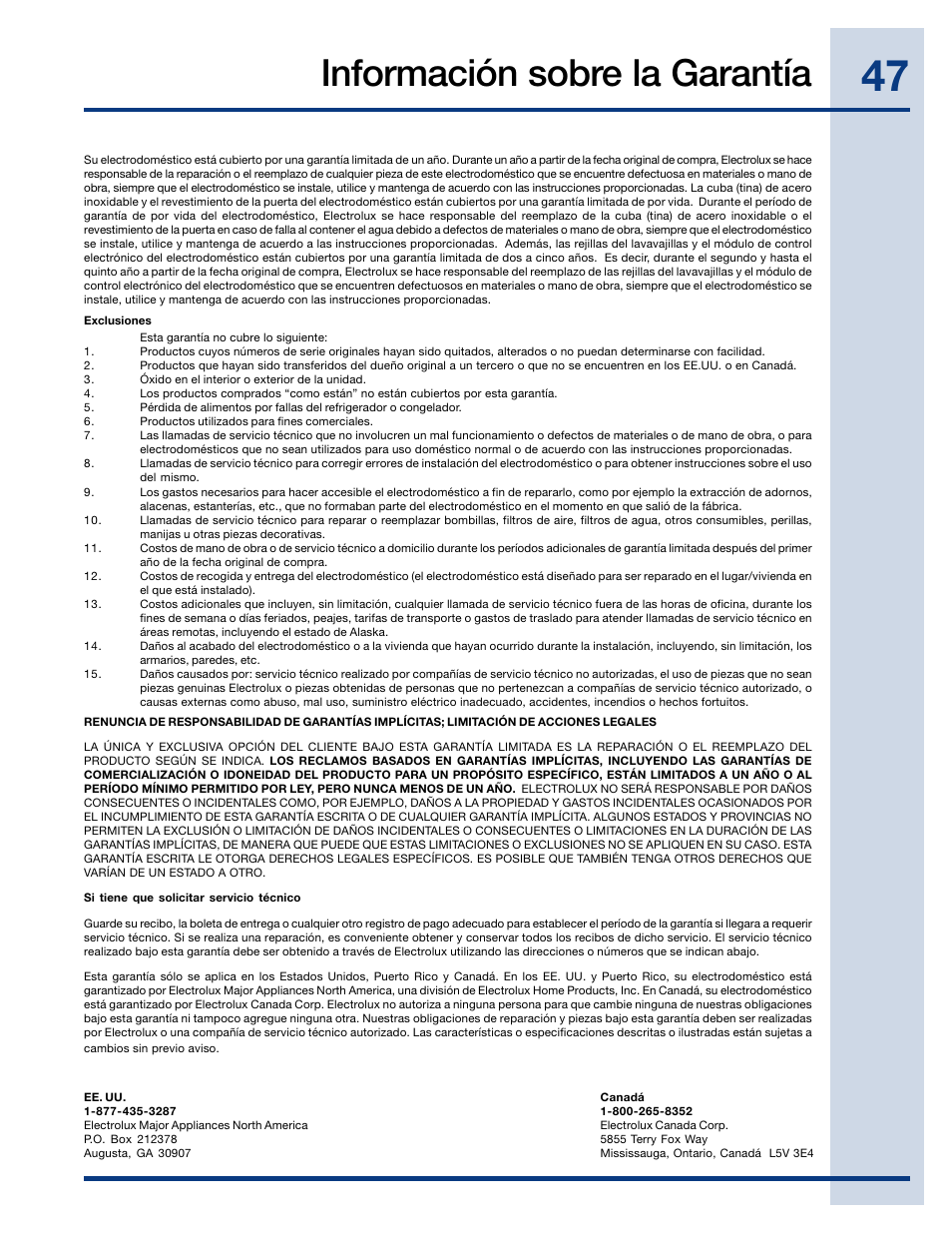 Información sobre la garantía | Electrolux EWDW6505GS User Manual | Page 47 / 72
