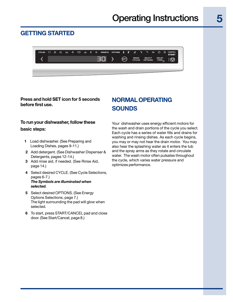 Operating instructions, Normal operating sounds, Getting started | Electrolux EWDW6505GS User Manual | Page 5 / 72