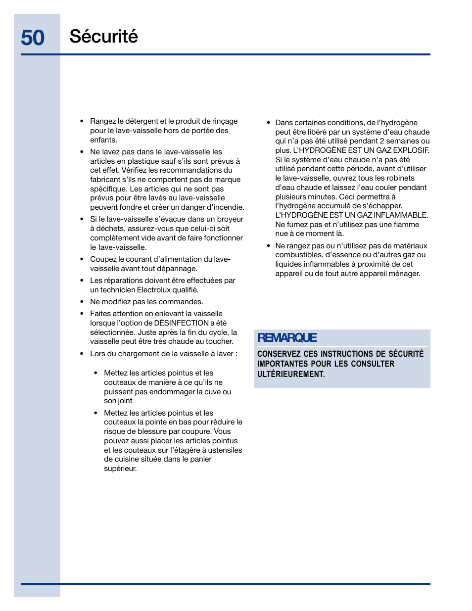 Sécurité, Remarque | Electrolux EWDW6505GS User Manual | Page 50 / 72
