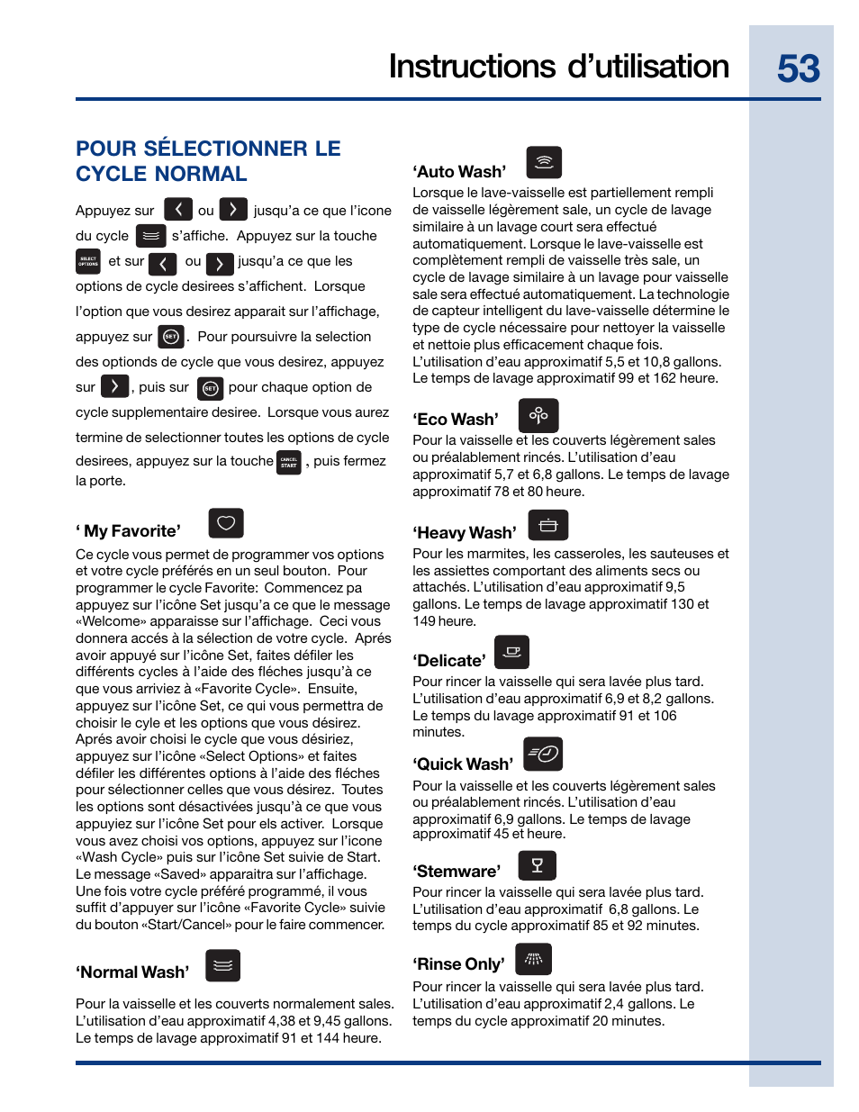 Instructions d’utilisation, Pour sélectionner le cycle normal | Electrolux EWDW6505GS User Manual | Page 53 / 72