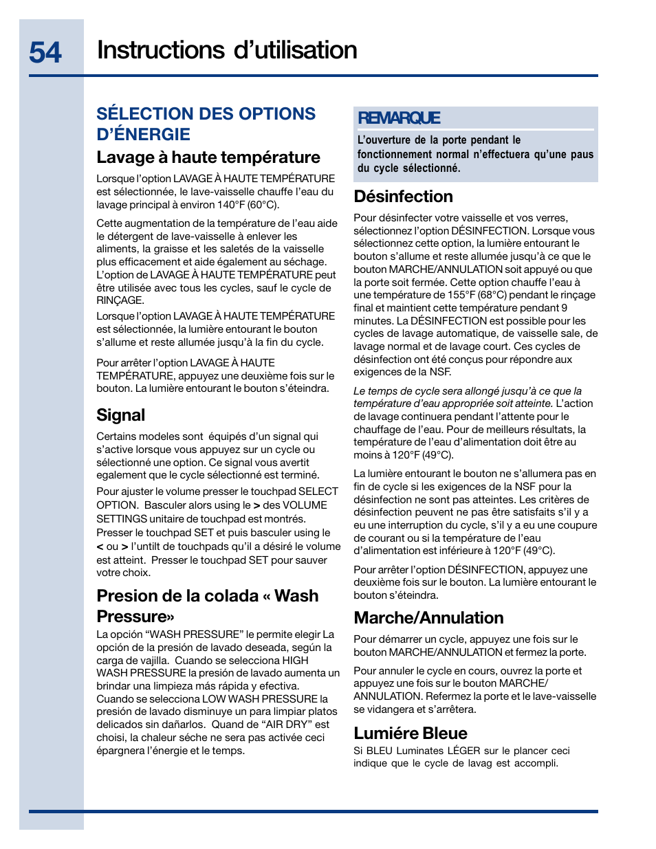 Instructions d’utilisation, Désinfection, Signal | Remarque, Marche/annulation, Presion de la colada « wash pressure, Lumiére bleue | Electrolux EWDW6505GS User Manual | Page 54 / 72