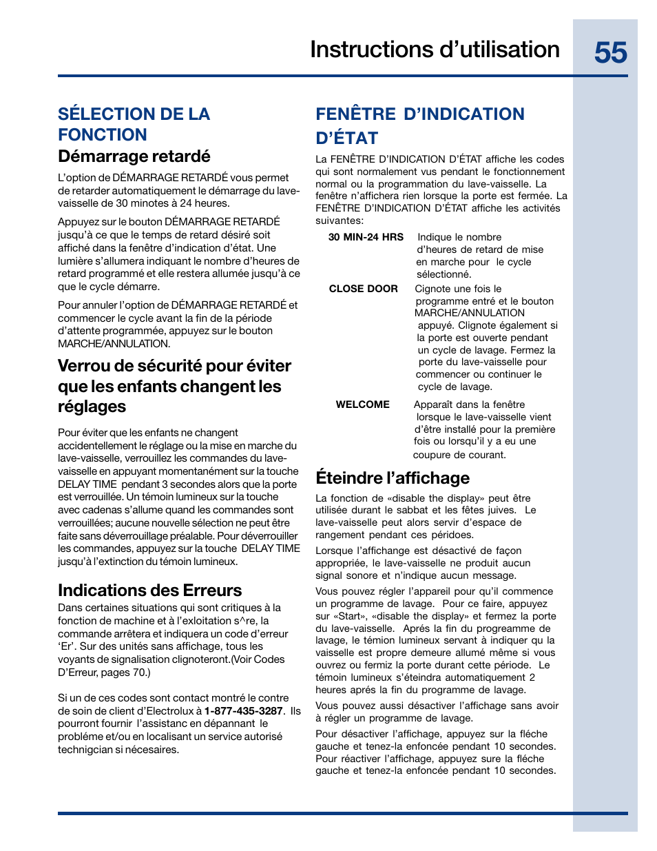 Instructions d’utilisation, Sélection de la fonction, Éteindre l’affichage fenêtre d’indication d’état | Démarrage retardé, Indications des erreurs | Electrolux EWDW6505GS User Manual | Page 55 / 72