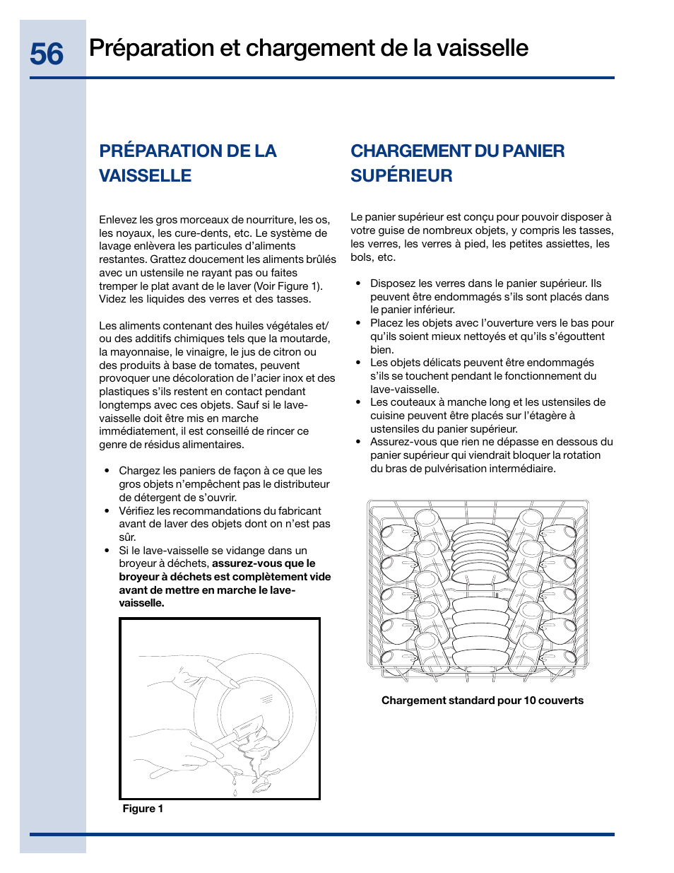 Préparation et chargement de la vaisselle, Chargement du panier supérieur, Préparation de la vaisselle | Electrolux EWDW6505GS User Manual | Page 56 / 72