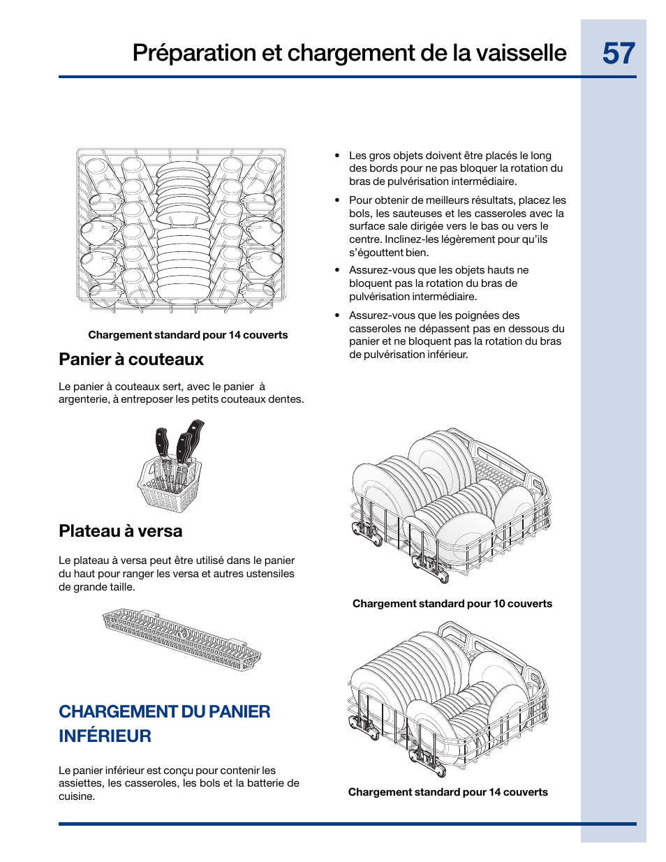 Préparation et chargement de la vaisselle, Plateau à versa, Chargement du panier inférieur panier à couteaux | Electrolux EWDW6505GS User Manual | Page 57 / 72