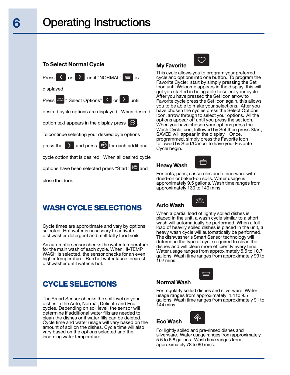 Operating instructions, Wash cycle selections, Cycle selections | Electrolux EWDW6505GS User Manual | Page 6 / 72
