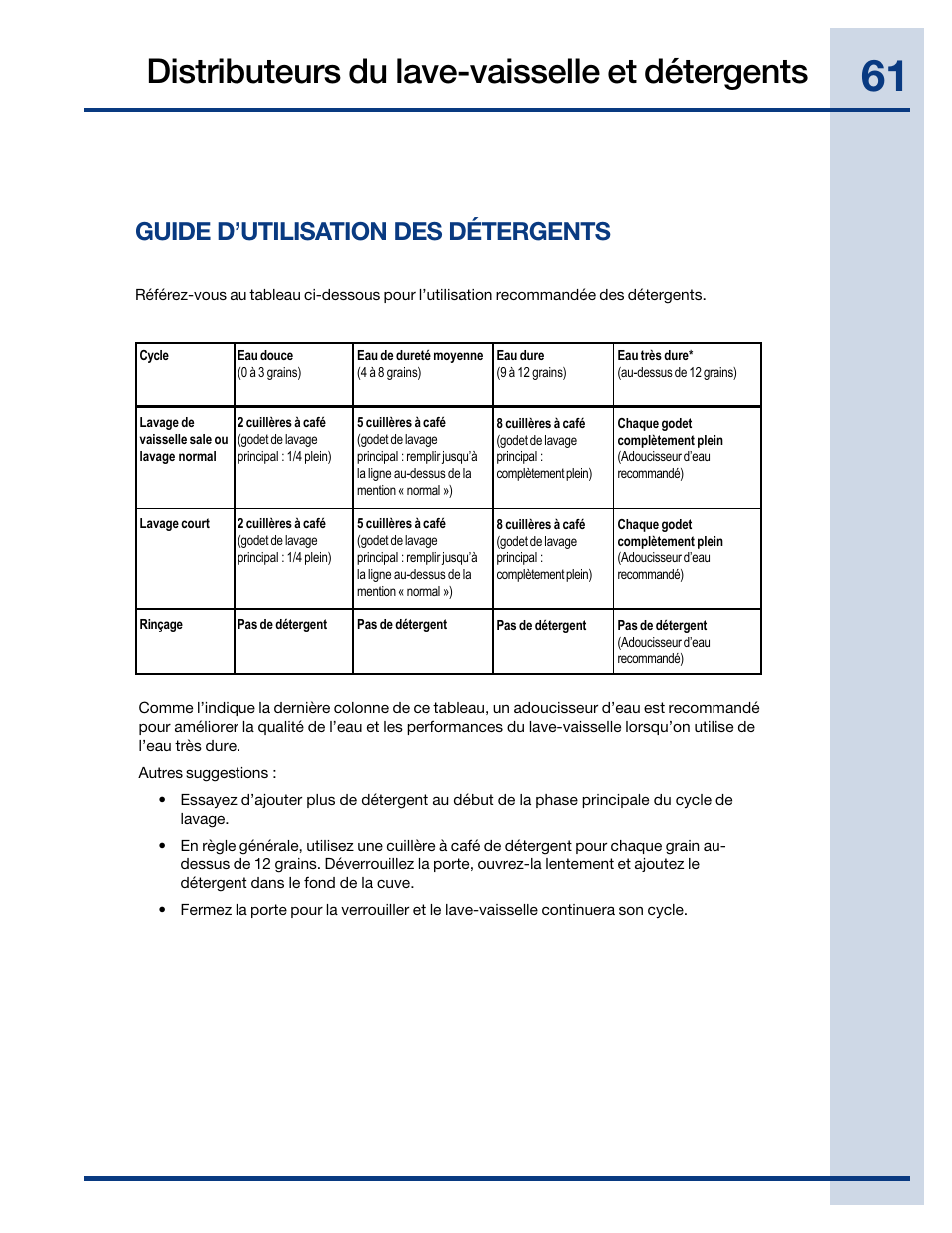 Distributeurs du lave-vaisselle et détergents, Guide d’utilisation des détergents | Electrolux EWDW6505GS User Manual | Page 61 / 72