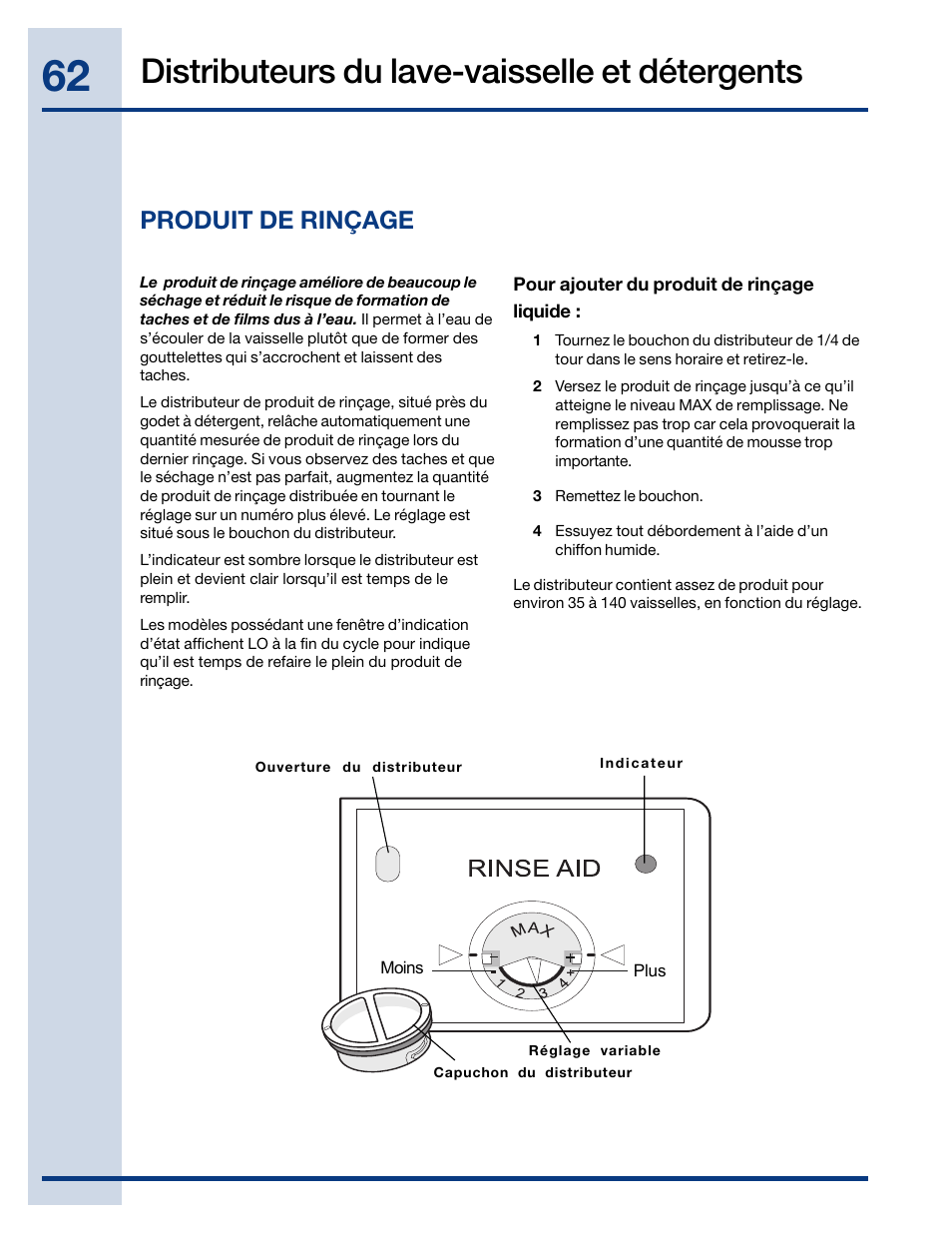 Distributeurs du lave-vaisselle et détergents, Produit de rinçage | Electrolux EWDW6505GS User Manual | Page 62 / 72