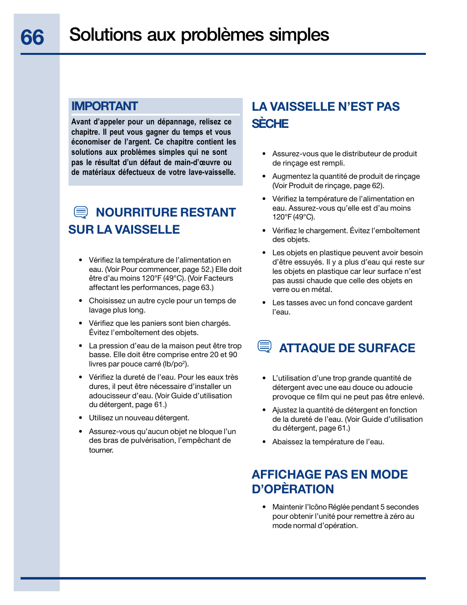 Solutions aux problèmes simples, Important, La vaisselle n’est pas sèche | Attaque de surface, Affichage pas en mode d’opèration, Nourriture restant sur la vaisselle | Electrolux EWDW6505GS User Manual | Page 66 / 72