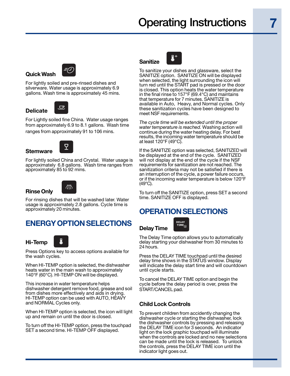 Operating instructions, Energy option selections, Operation selections | Electrolux EWDW6505GS User Manual | Page 7 / 72