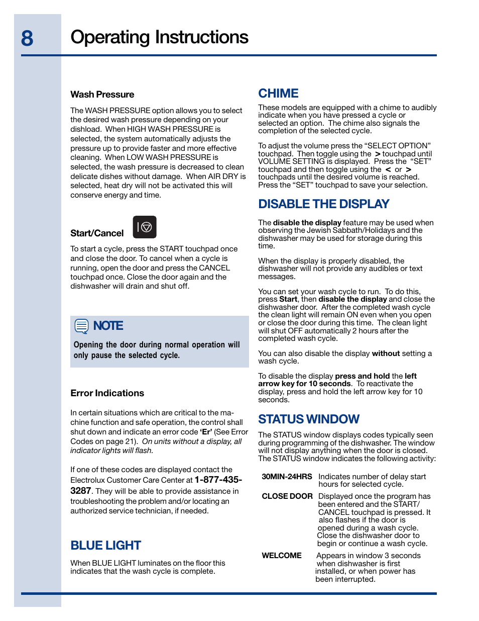 Operating instructions, Blue light chime, Disable the display | Electrolux EWDW6505GS User Manual | Page 8 / 72