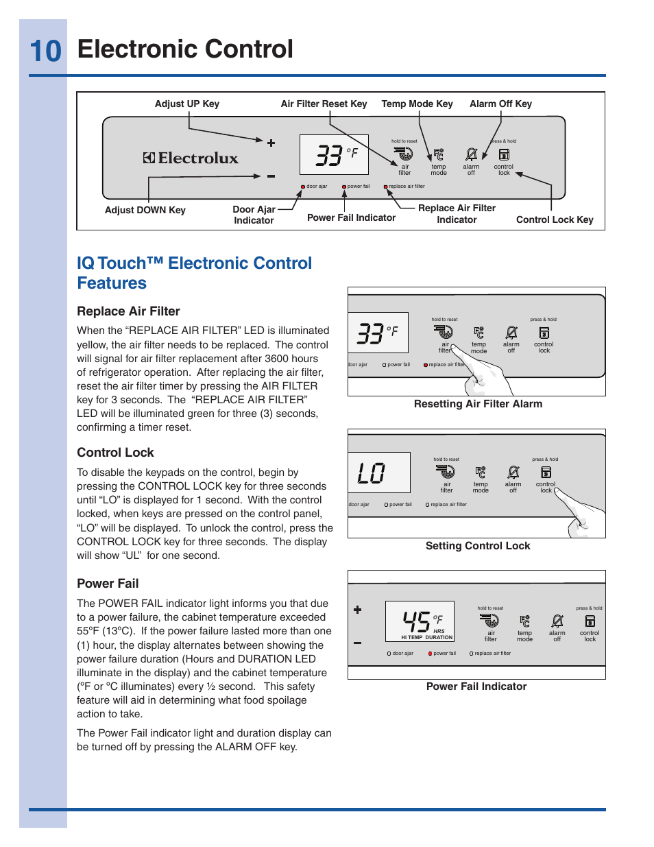 Electronic control, Iq touch™ electronic control features, Replace air filter | Control lock, Power fail | Electrolux EI32AR65JS User Manual | Page 10 / 22