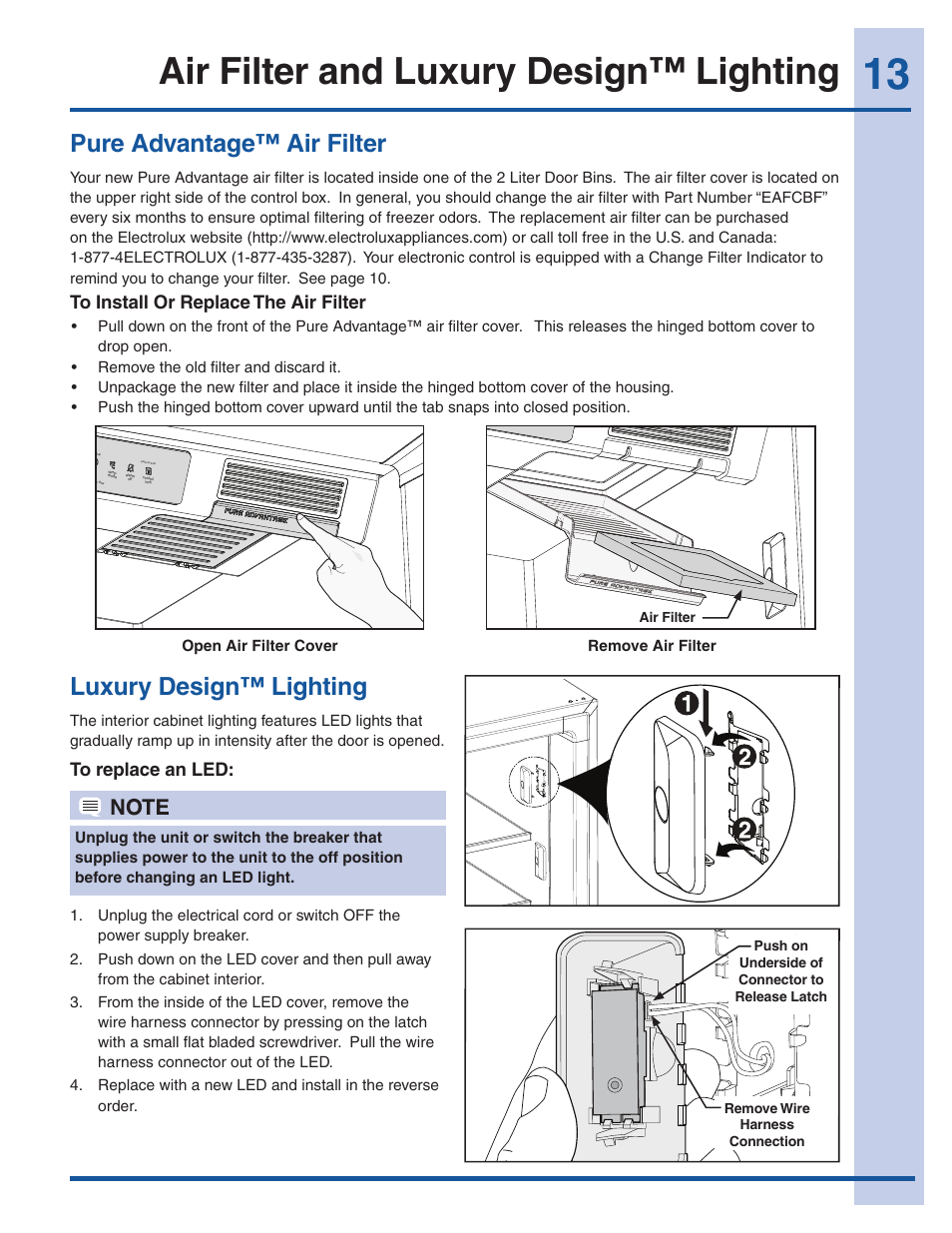 Air filter and luxury design™ lighting, Pure advantage™ air filter, Luxury design™ lighting | Electrolux EI32AR65JS User Manual | Page 13 / 22
