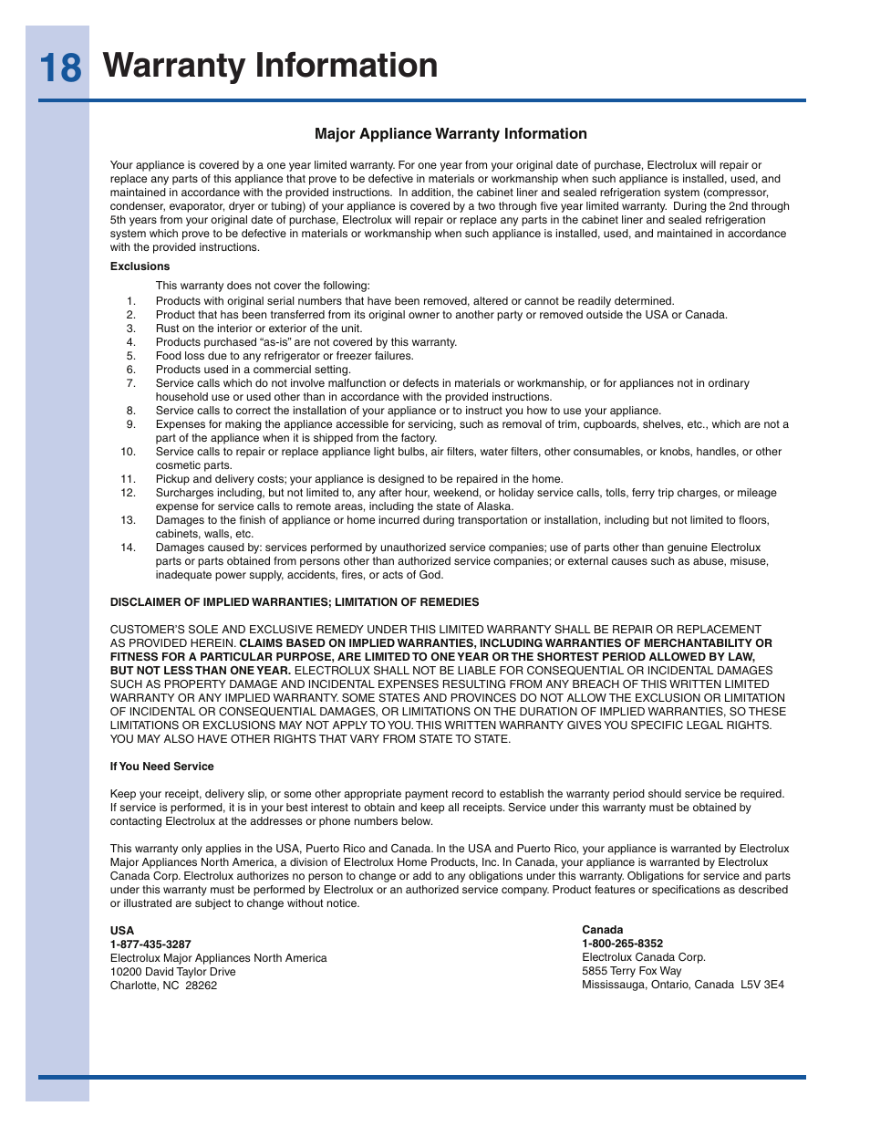 Warranty information | Electrolux EI32AR65JS User Manual | Page 18 / 22