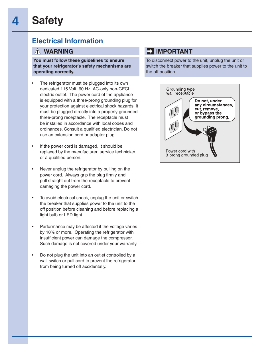 Safety, Electrical information | Electrolux EI32AR65JS User Manual | Page 4 / 22