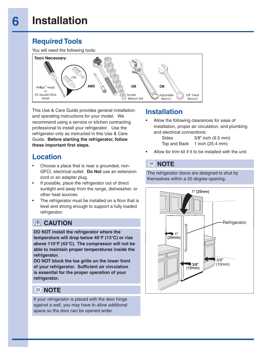 Location, Installation, Required tools | Electrolux EI32AR65JS User Manual | Page 6 / 22