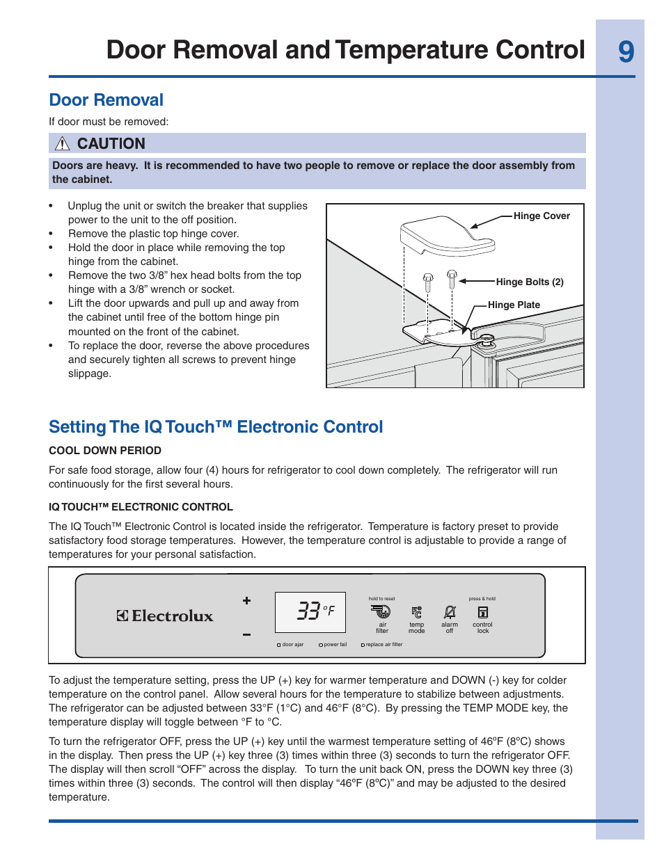 Door removal and temperature control, Door removal, Setting the iq touch™ electronic control | Electrolux EI32AR65JS User Manual | Page 9 / 22